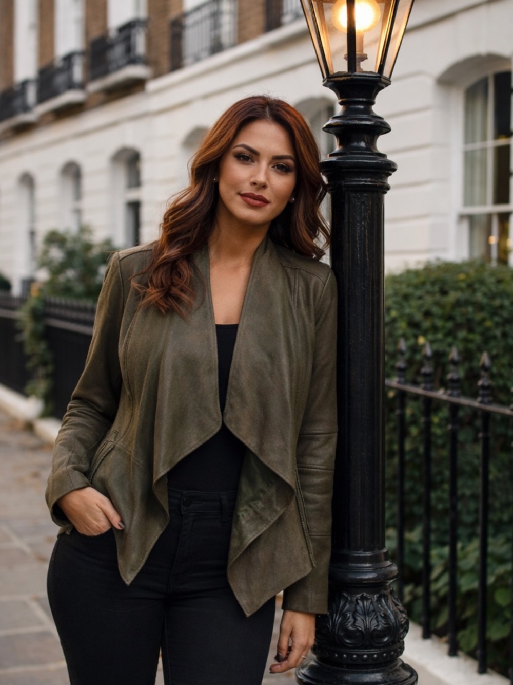 G.I.L.I. Gili Green Leather Jacket Waterfall Open Front Peplum Back
